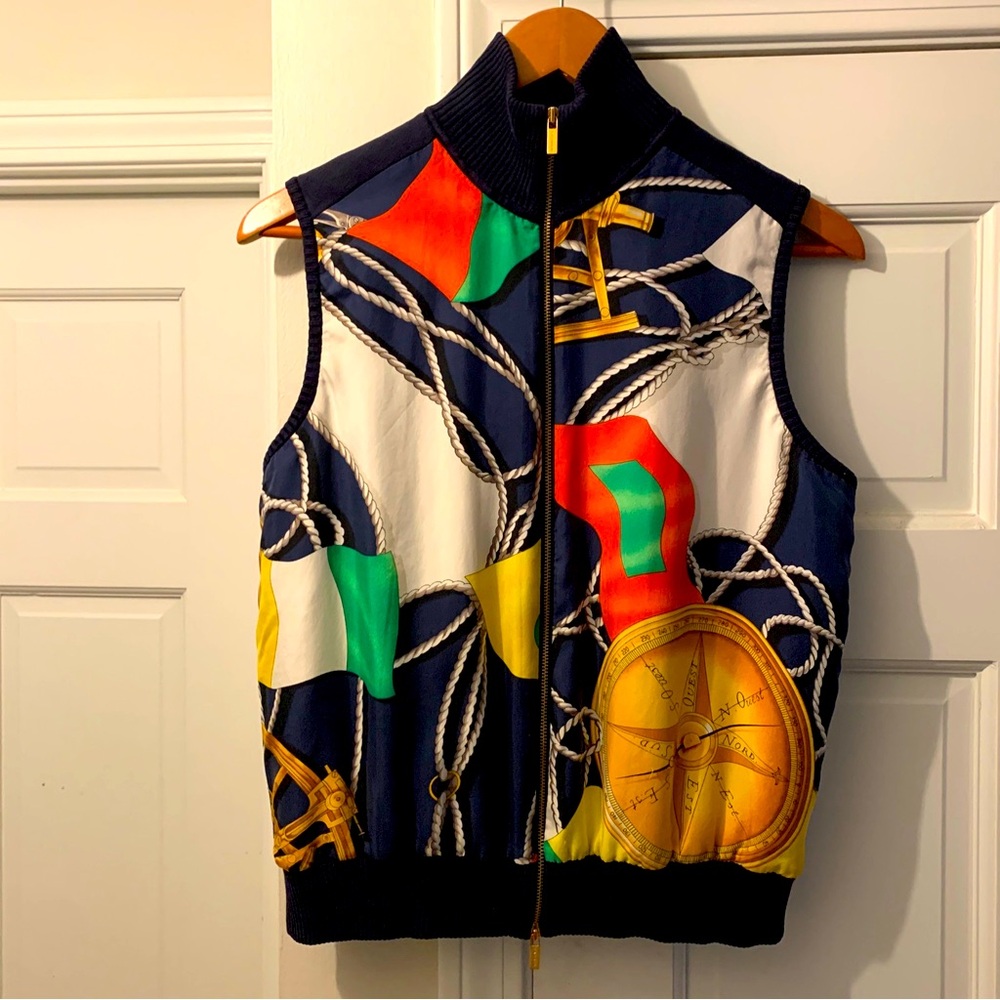 VTG RALPH LAUREN Silk Vest Nautical Yacht Club Flag Boat Women Medium Navy Zip